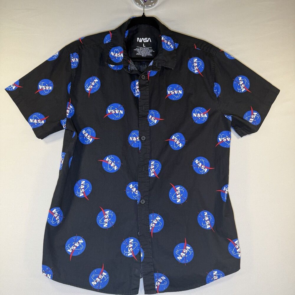 NASA SHORT SLEEVE SHIRT BLACK RED WHITE BLUE Button Up MENS SIZE L Large LG